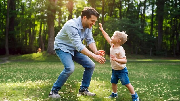 Padre jugando con hijo joven padre joven divirtiéndose con sus hijos en vacaciones o fin de semana