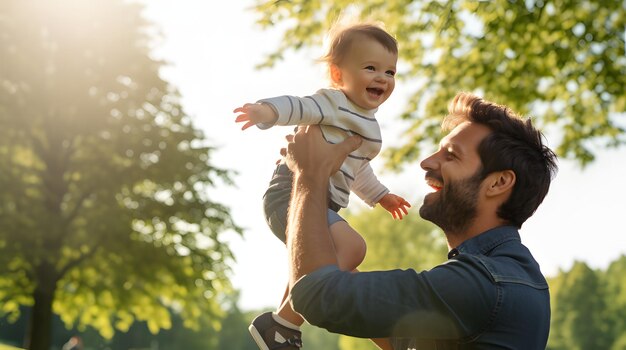 Foto padre jugando con su bebé en un parque en un día soleado