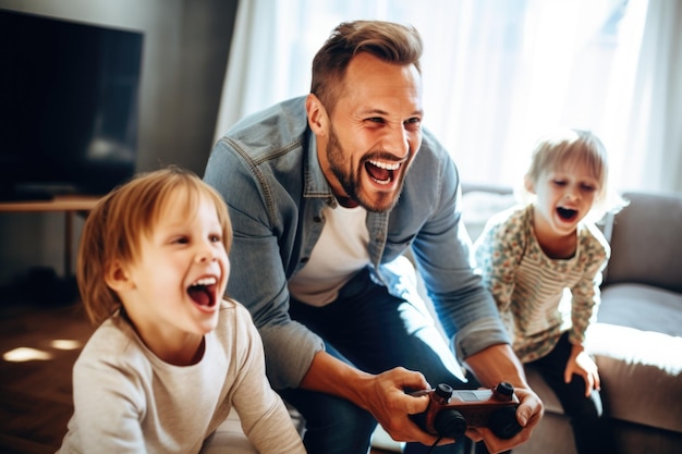 Padre jugando un videojuego divertido con niños