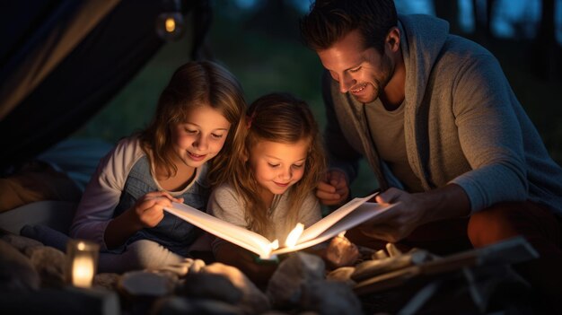 Foto un padre le lee un libro a un niño mientras acampa en una tienda en el campo