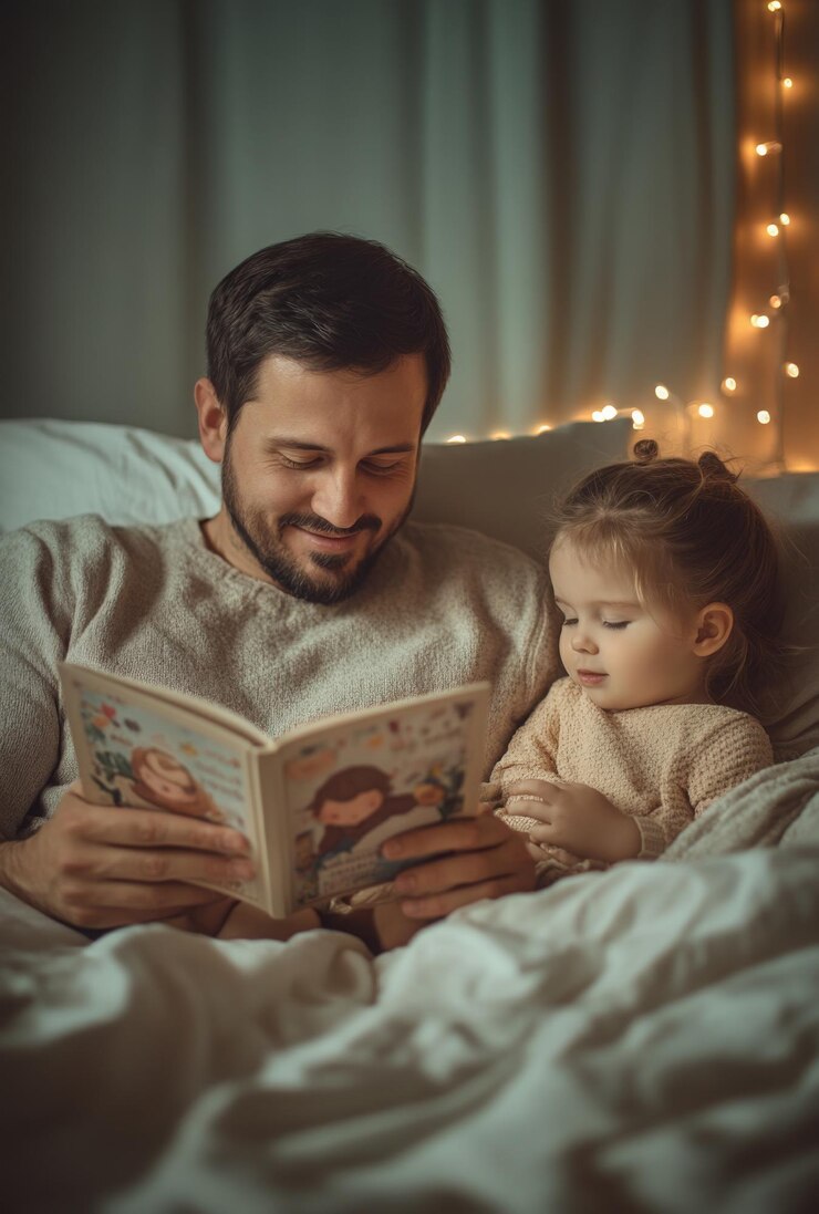 Un padre leyendo un cuento para acostar a su hijo ambos acurrucados en la cama bajo una luz suave