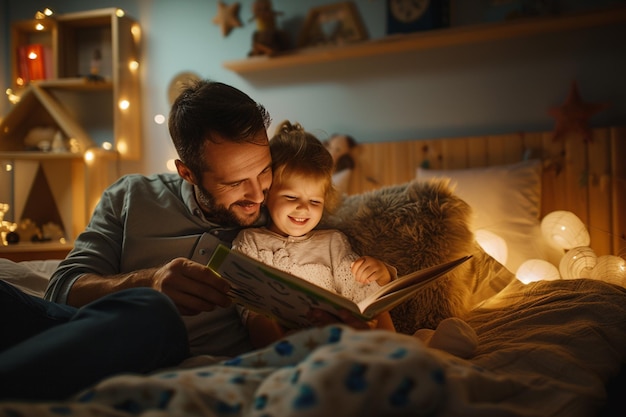 padre leyendo cuentos cuentos a su hijo por la noche fondo de estilo bokeh