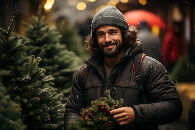 padre llevando el árbol de Navidad de hoja perenne del mercado a su casa