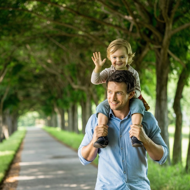 un padre llevando a su hijo en sus hombros mientras camina por un camino que simboliza apoyo y guía