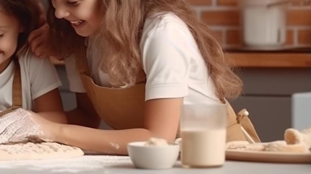 padre y madre cariñosos enseñando a los niños pequeños a cocinar pasteles de pie en la mesa en