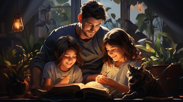 padre y madre leyendo un libro por la noche