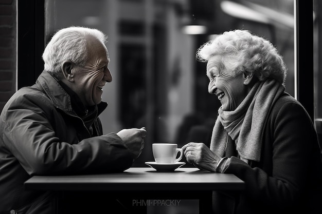 padre y madre que beben café feliz y felizmente