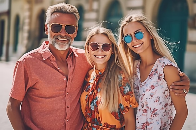 Padre y madre sonrientes con hija abrazándose al aire libre