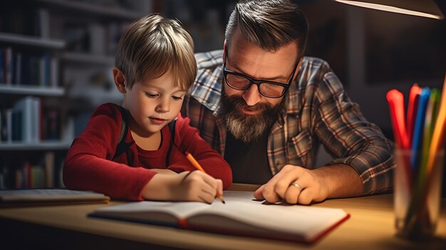 Foto padre de mediana edad haciendo la tarea con su hijocreado con tecnología de ia generativa