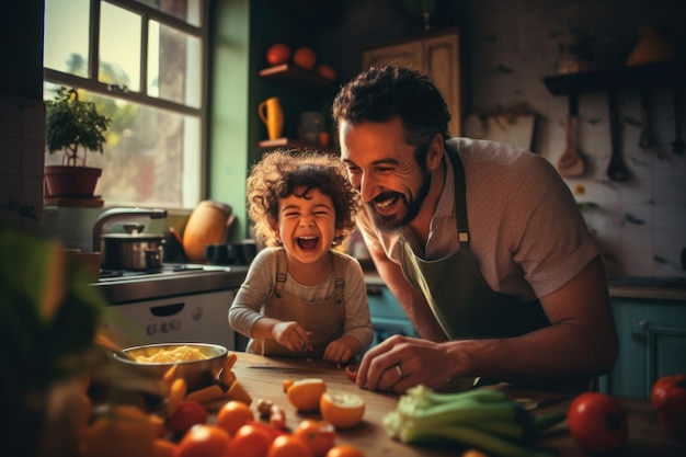 padre del medio oriente riendo y cocinando con un bebé pequeño