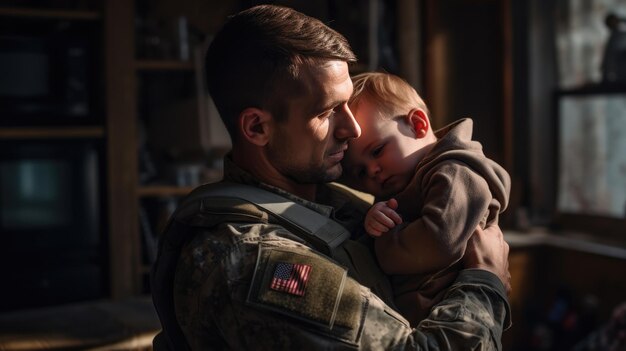 Padre militar abrazando a su bebé en casa