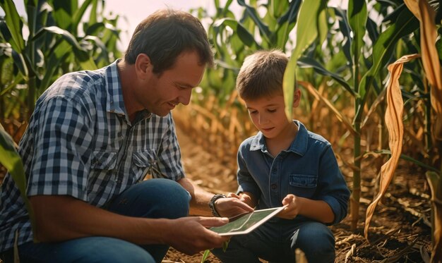 Padre mostrando a su hijo el negocio de la tableta digital de la agricultura en el campo de maíz