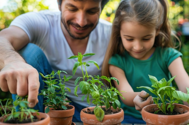 Padre con una niña plantando hierbas en el patio trasero