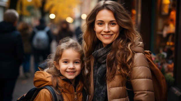 Un padre y un niño en edad preescolar, una mujer y una niña, llevan mochilas.