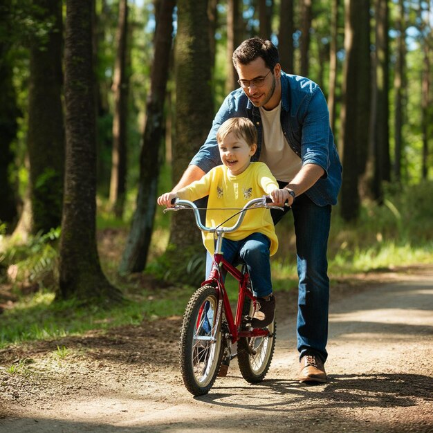 un padre y un niño están montando una bicicleta en el bosque