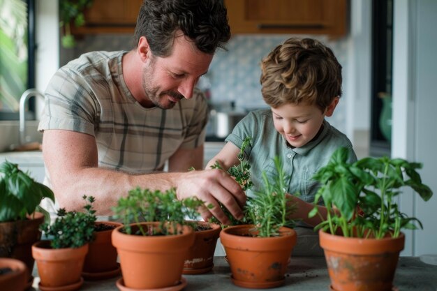 Padre con un niño plantando hierbas en casa