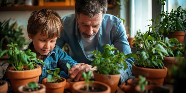 Padre con un niño plantando hierbas en casa