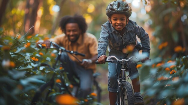 Foto padre orgulloso enseñando a su hijo a montar en bicicleta en un pintoresco parque