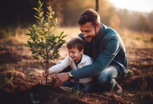 Foto padre plantando un árbol con un niño pequeño