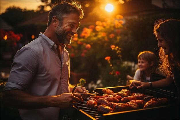 Foto padre preparando barbacoa con niños en el patio al daw