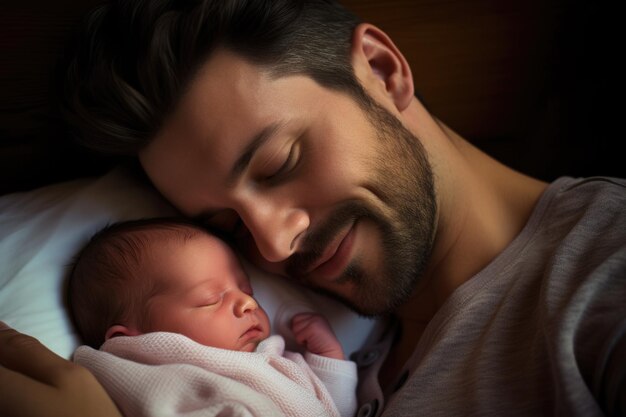 Padre y recién nacido durmiendo juntos en paz