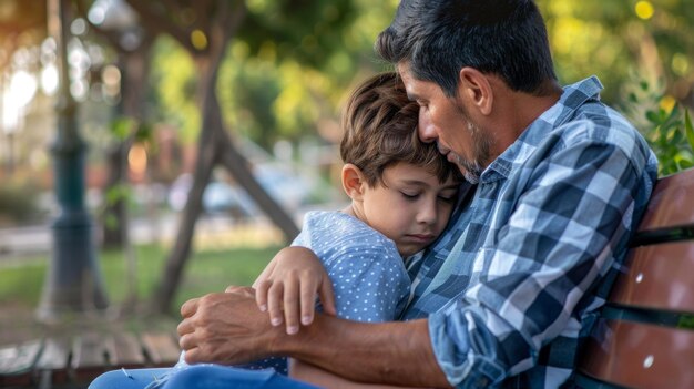 Un padre sentado en un banco del parque con el brazo alrededor de los hombros encorvados de un niño mientras escucha