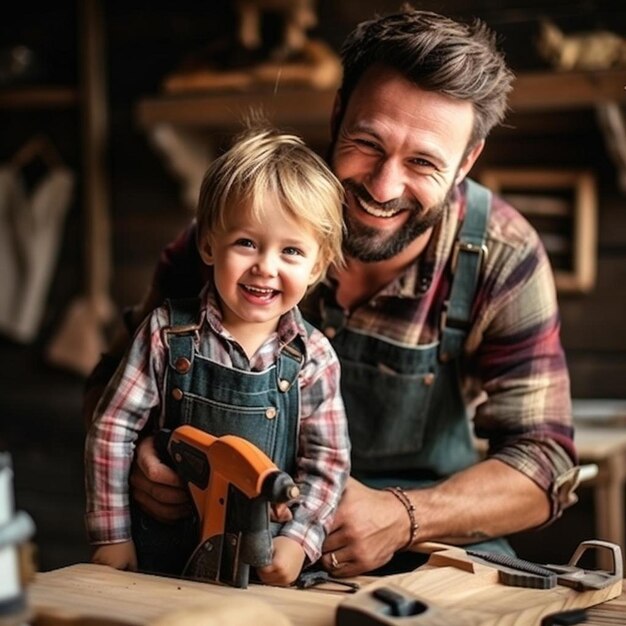 un padre sonriente le está enseñando a su hijo a trabajar con madera en casa