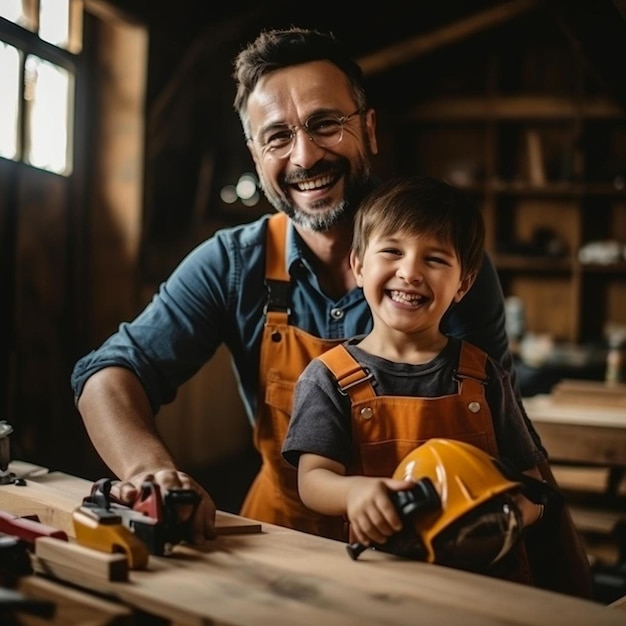 un padre sonriente le está enseñando a su hijo a trabajar con madera en casa