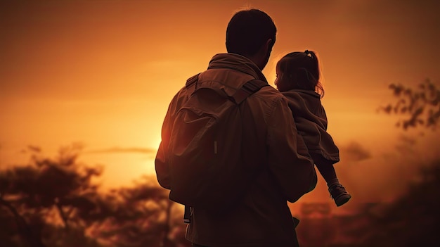 Padre sosteniendo al niño sobre los hombros al atardecer con filtro retro de instagram