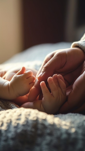 Padre sosteniendo en las manos los pies de un bebé recién nacido Pies pequeños de bebé en la mano de los padres Fe Generative AI