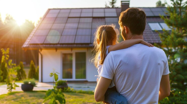 el padre sosteniendo a su niña en los brazos y mirando su casa con paneles solares instalados