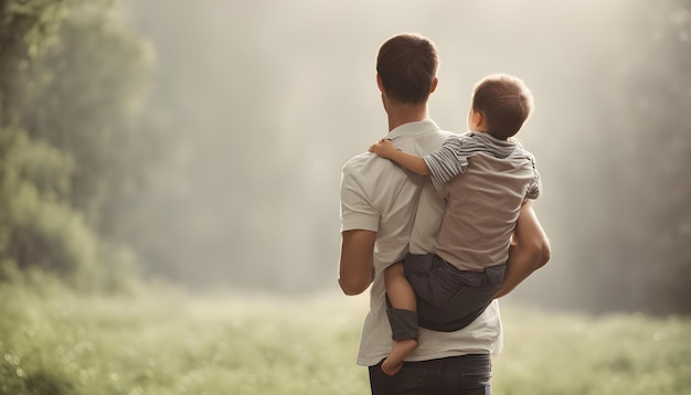 Foto un padre sostiene a su hijo en un campo