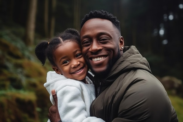 Un padre y su hija se abrazan en un bosque.