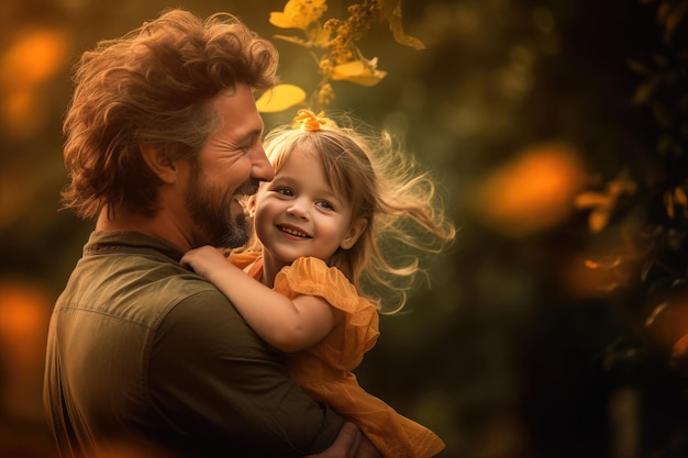 Un padre y su hija se abrazan en un parque.