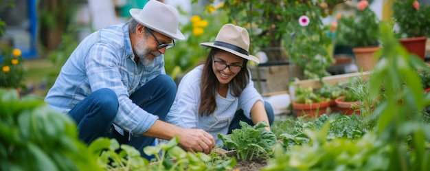 Un padre y su hija adulta colaboran en un jardín comunitario fomentando un vínculo mientras cultivan y cuidan plantas juntos