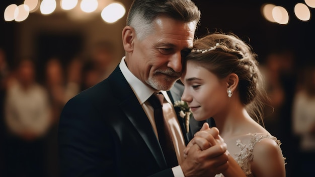 Un padre y su hija bailan en una boda.