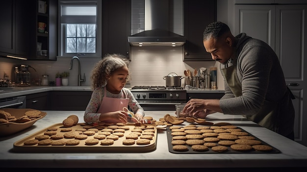 Un padre y su hija en la cocina horneando comida