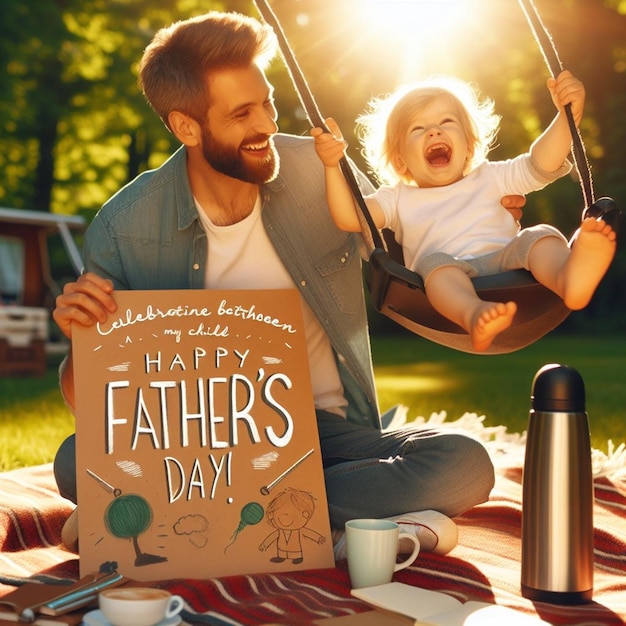 Foto un padre y su hija están sosteniendo un libro que dice día del padre