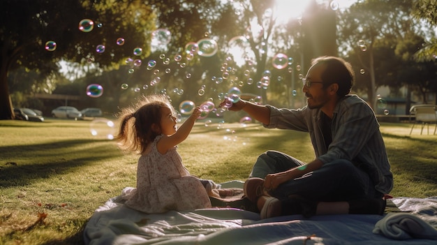 Un padre y su hija juegan con burbujas en un parque.