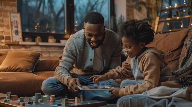 Un padre y su hija juegan un juego de mesa juntos en casa
