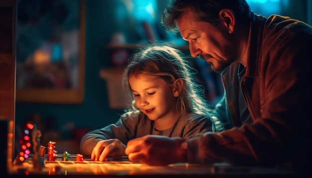 Un padre y su hija juegan con una luz encendida.