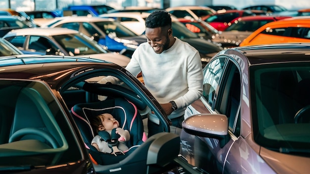 Padre con su hija en una sala de exhibición de automóviles