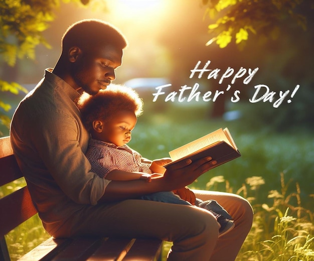 Foto un padre y su hija se sientan en un banco y leen un libro sobre el día del padre