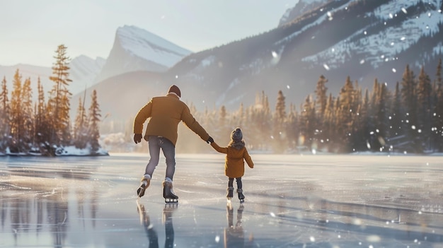 Un padre y su hija van a patinar en un lago congelado mientras la nieve cae suavemente a su alrededor.