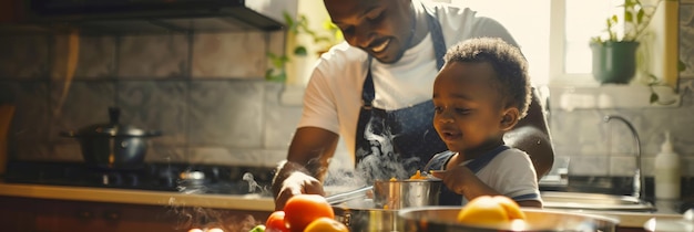 Un padre y su hijo afroamericanos disfrutan cocinando juntos en una cocina soleada