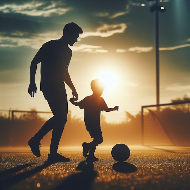 Padre con su hijo en un campo de fútbol jugando