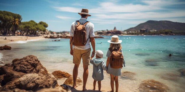Padre con su hijo e hija con una mochila en una caminata cerca del mar Viaje familiar IA generativa