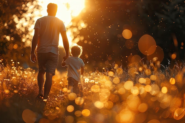 El padre y su hijo están caminando en un prado de verano