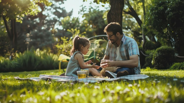 Un padre y su hijo haciendo un picnic en el patio trasero