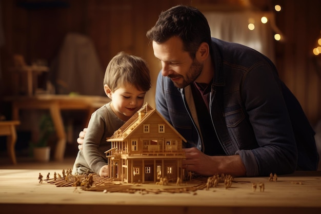 Foto un padre y su hijo juegan con una casa modelo